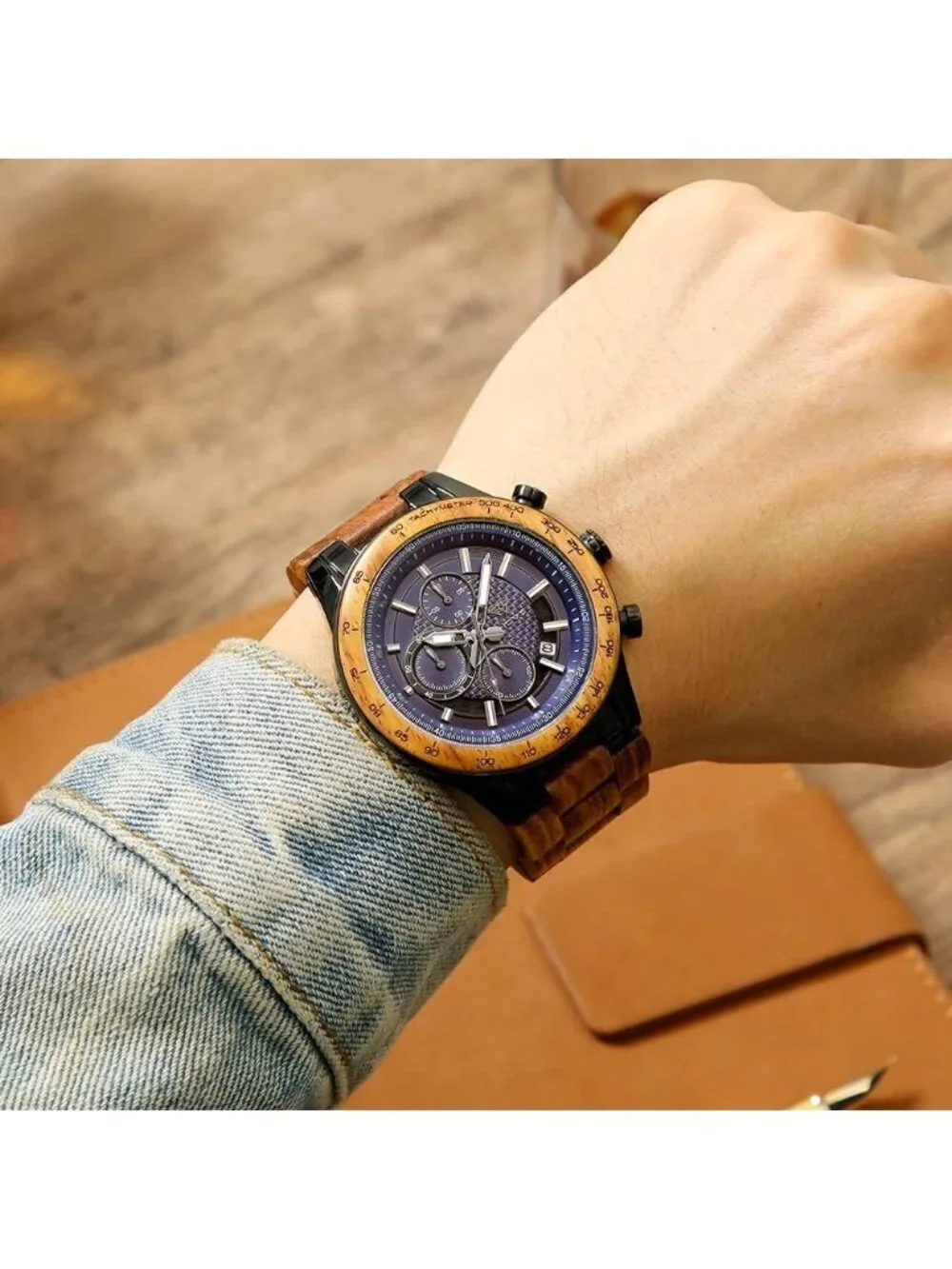 Men's Brown Black Stainless Steel Chronograph Solid Multifunctional Wooden Watch